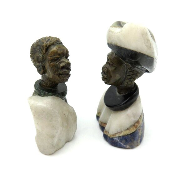 Small Stone Bust Set Colourful Hand Carved in Zimbabwe Africa 3.1" and 2.7" Tall - Picture 2 of 8
